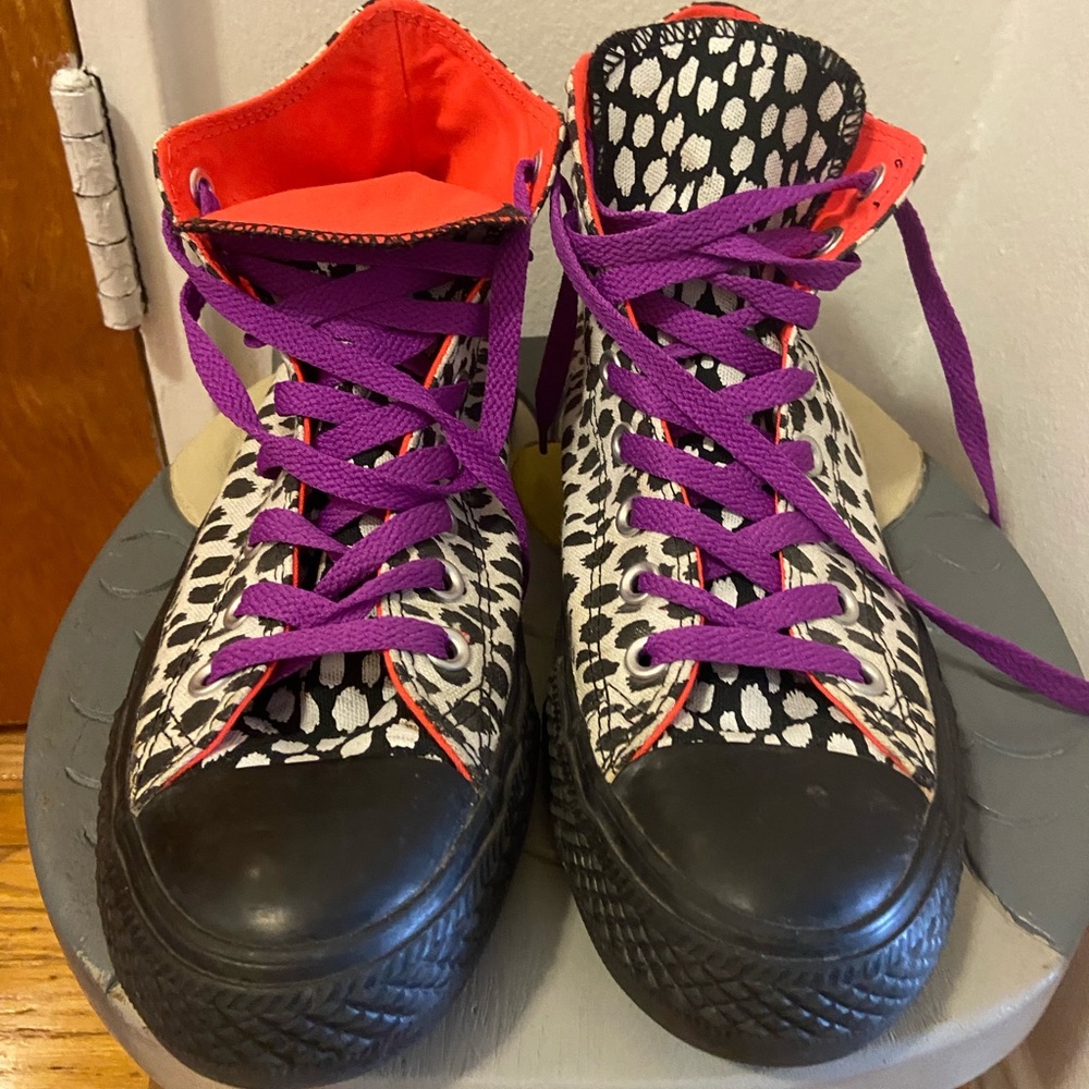 Black, White & Neon Peach High Top Converses